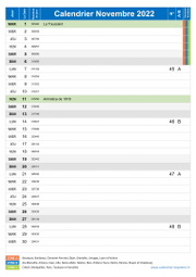 Calendrier novembre 2022 portrait avec vacances, jours fériés et numéros de semaine