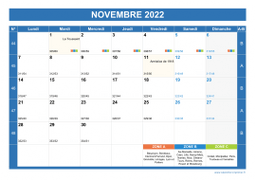 Calendrier novembre 2022 paysage avec vacances, jours fériés et numéros de semaine