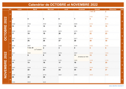 Calendrier pour les mois de Octobre et Novembre 2022 paysage 1