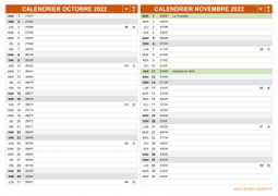 Calendrier pour les mois de Octobre et Novembre 2022 paysage 2