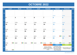 Calendrier octobre 2022 paysage avec vacances, jours fériés et numéros de semaine