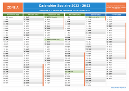 Calendrier scolaire 2022-2023 avec jours fériés de la Zone A à imprimer - 1er et 2nd semestre