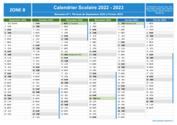 Calendrier scolaire 2022-2023 avec jours fériés de la Zone B à imprimer - 1er et 2nd semestre