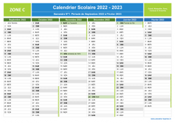 Calendrier scolaire 2022-2023 avec jours fériés de la Zone C à imprimer - 1er et 2nd semestre