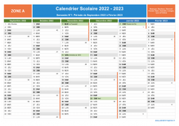 Calendrier scolaire 2022-2023 avec jours fériés et numéros de semaine - Zone A - 1er semestre