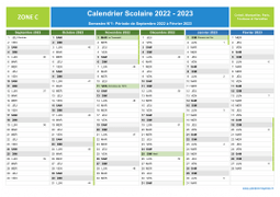 Calendrier scolaire 2022-2023 avec jours fériés et numéros de semaine - Zone C - 1er semestre
