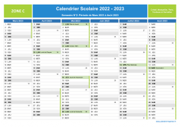 Calendrier scolaire 2022-2023 avec jours fériés et numéros de semaine - Zone C - 2nd semestre