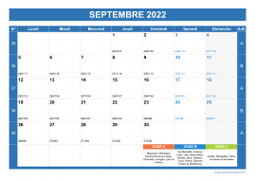 Calendrier septembre 2022 paysage avec vacances, jours fériés et numéros de semaine