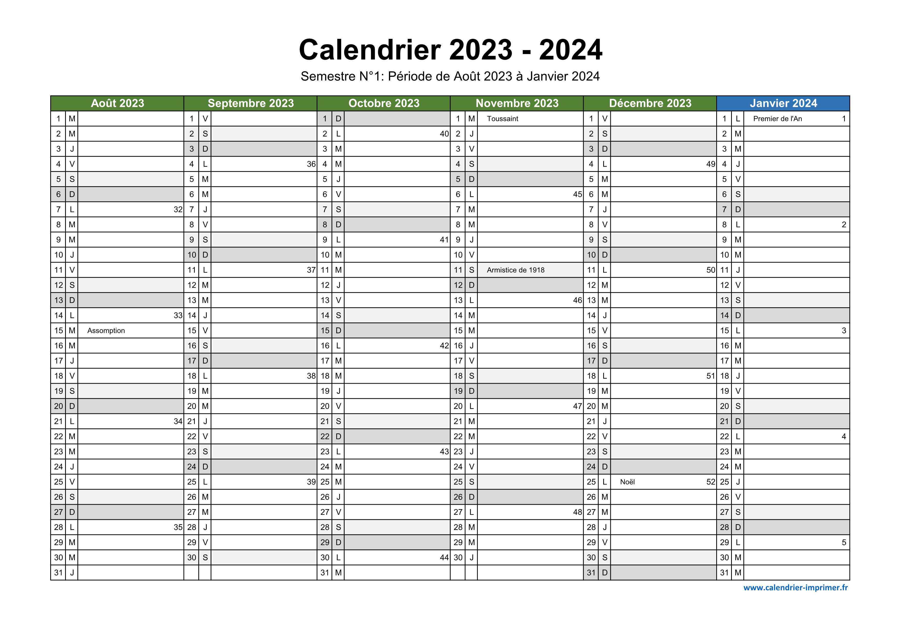 Calendrier à colorier et à tracer (2023-2024)
