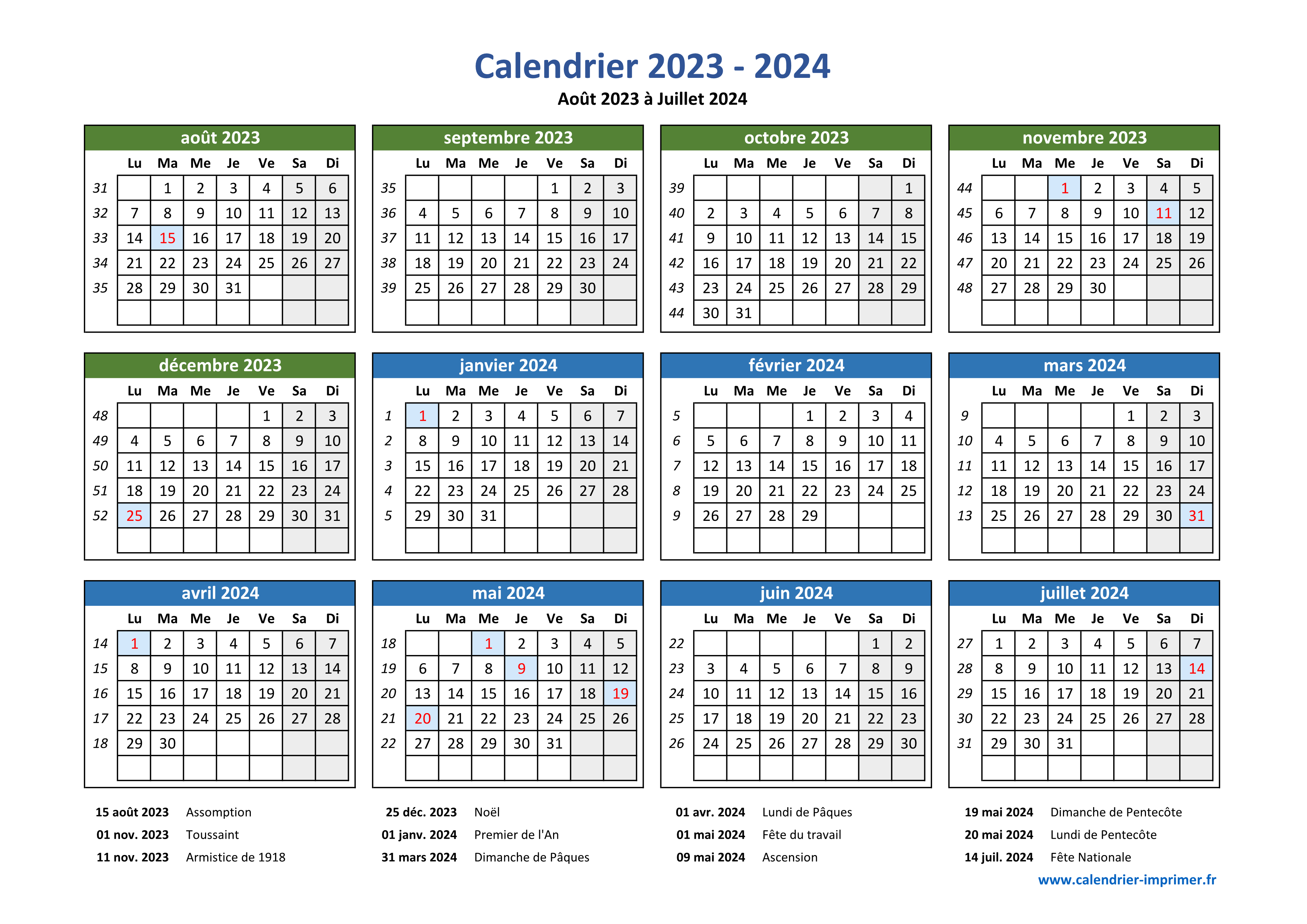 Calendrier 2023-2024 (gratuit, à imprimer)