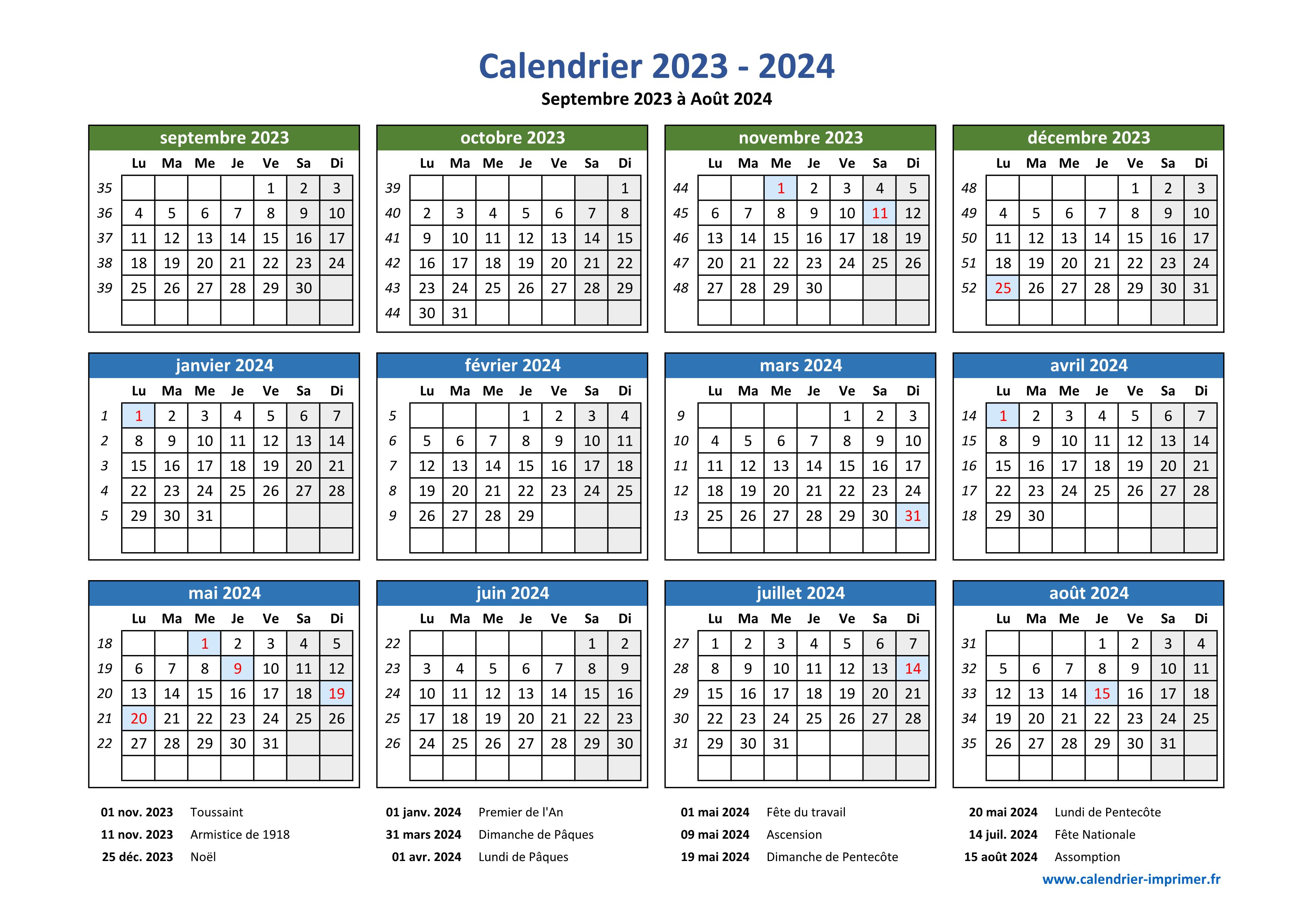 Calendrier 2023-2024 à imprimer