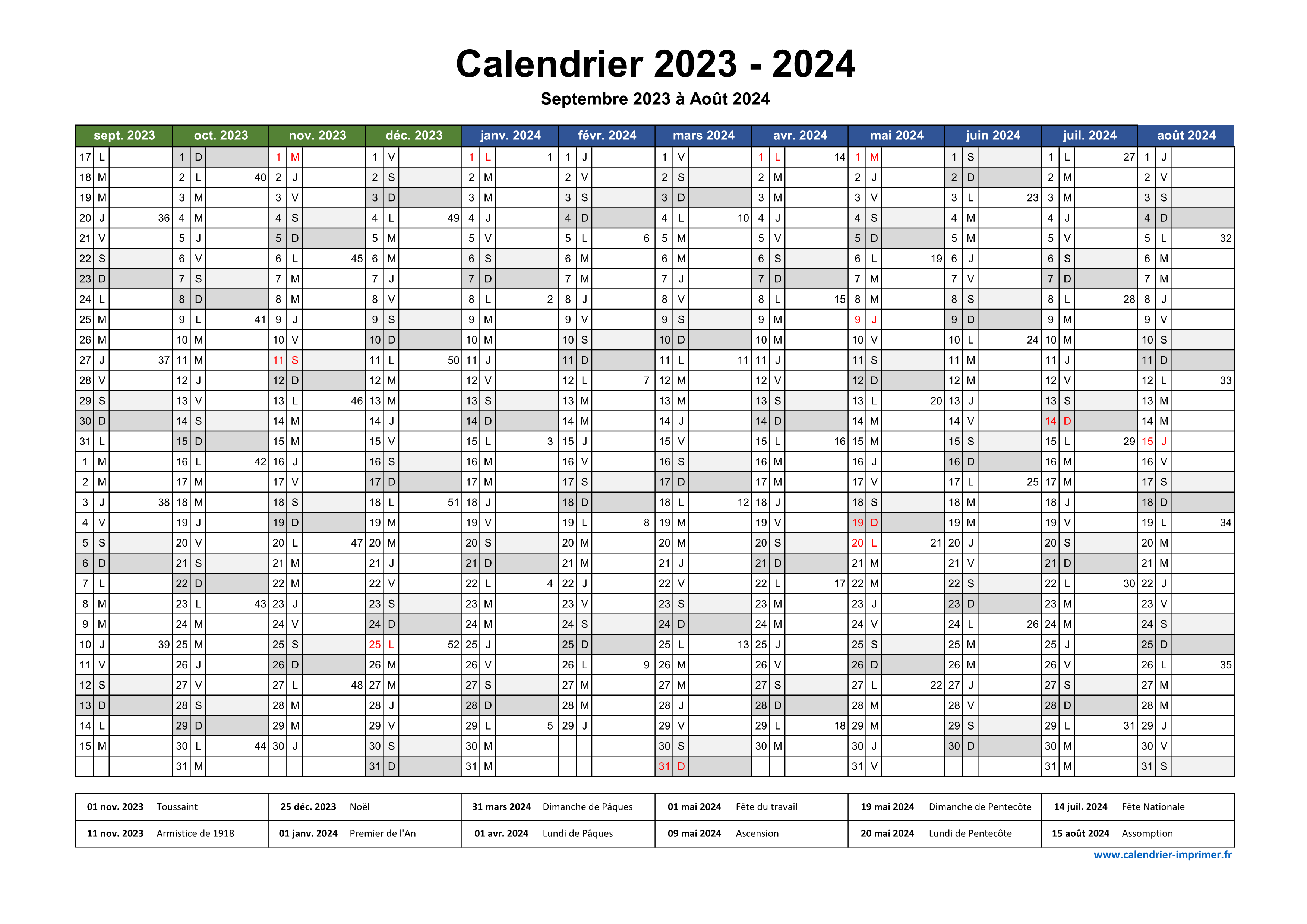 Calendrier 2023 * 2024  Calendrier de l'année, Modèles de