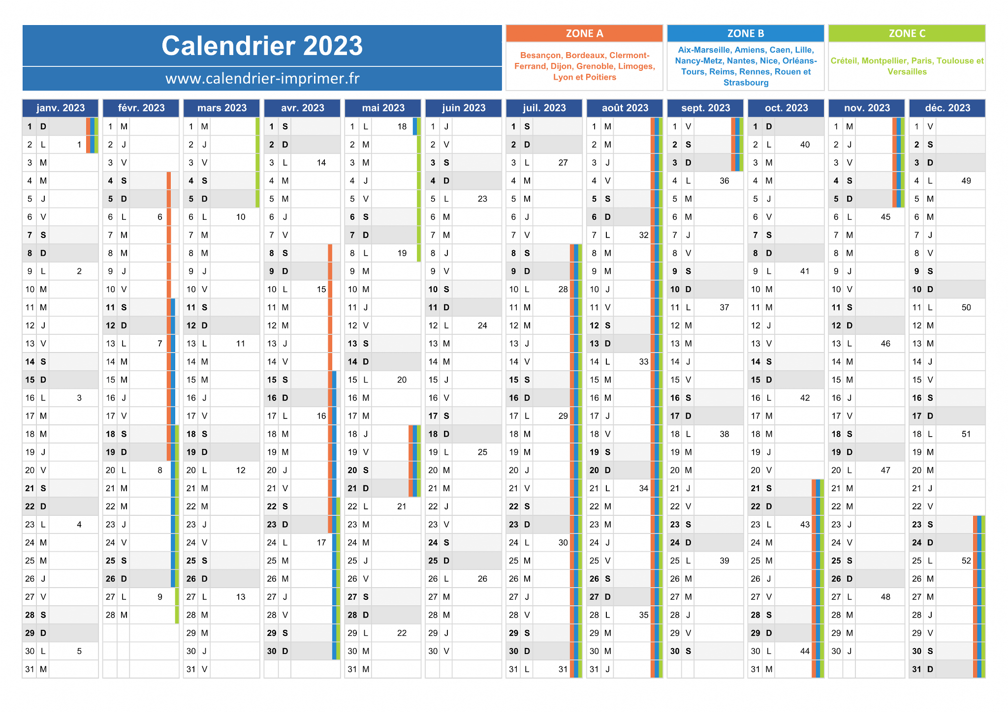 Calendrier 2023 avec jours fériés en France et numéro des semaines