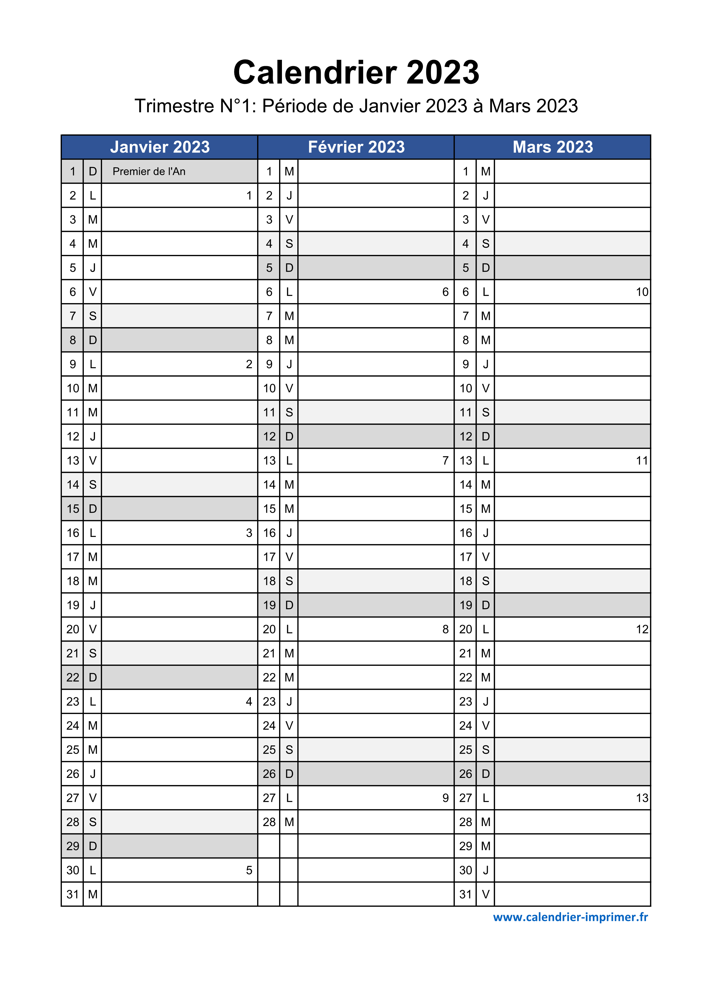 Calendrier Mensuel Remplissable de l'Année 2023 avec dimanche