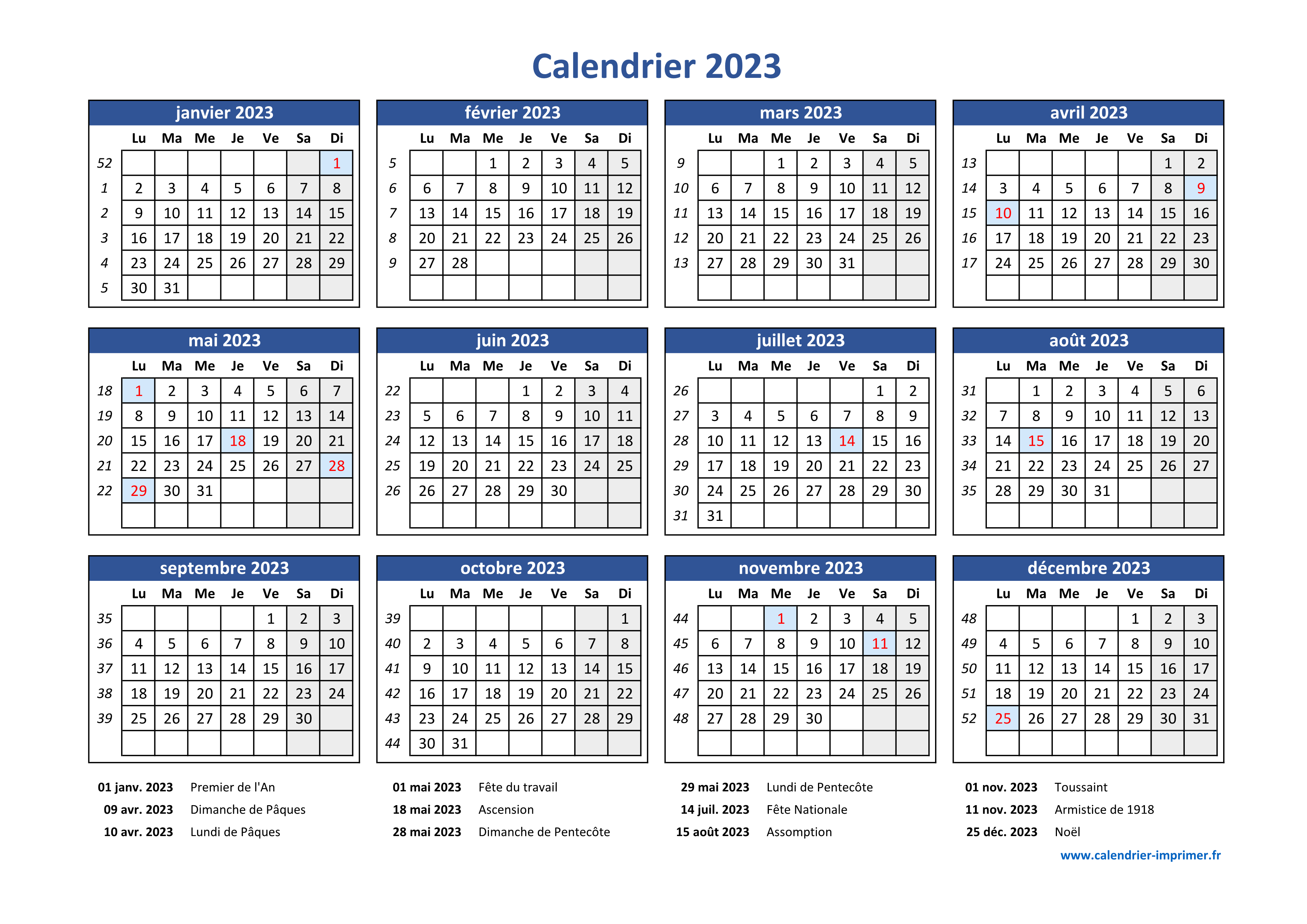 Calendrier 2023 avec vacances scolaires et jours fériés à imprimer