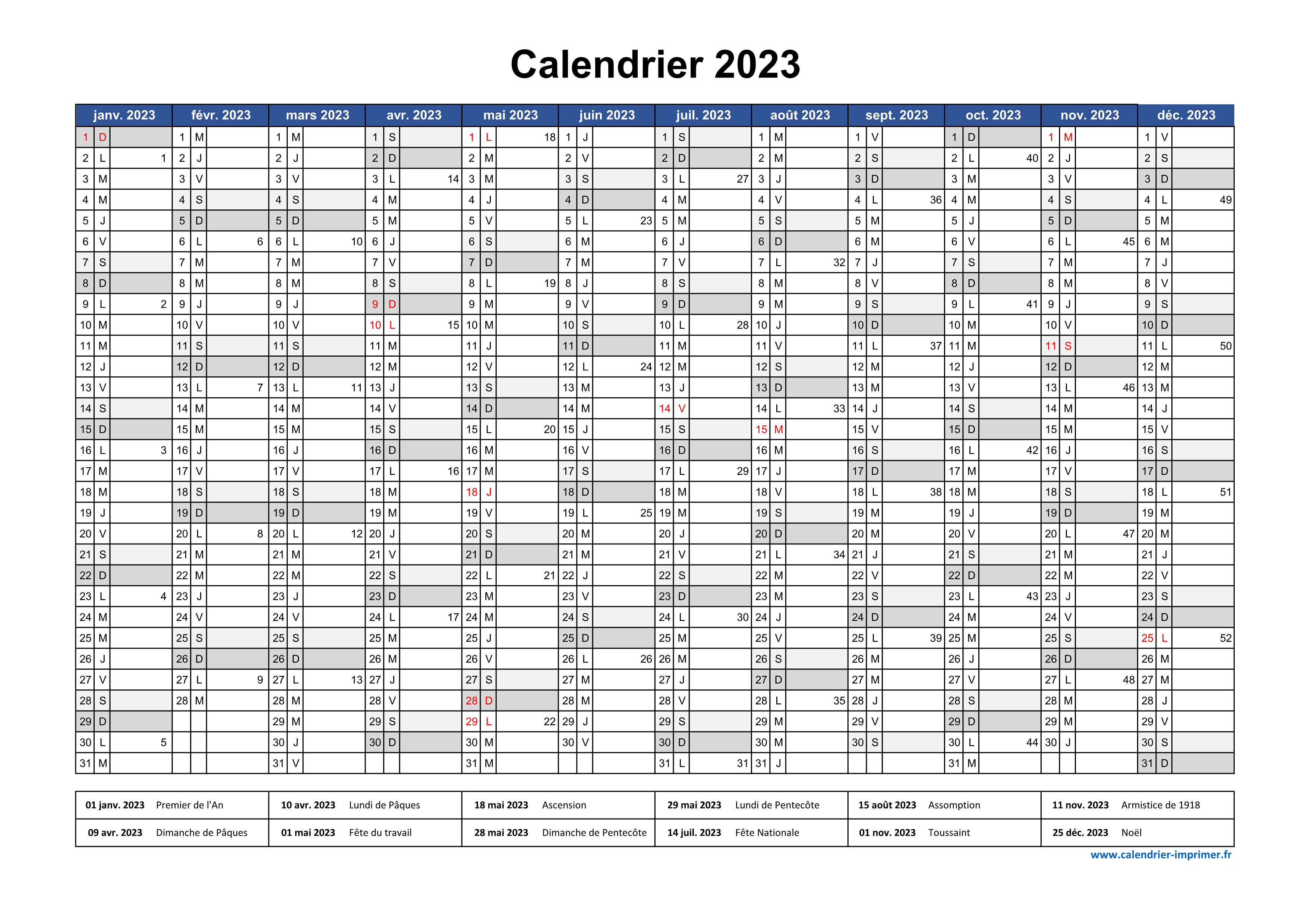 Calendrier 2023 à imprimer PDF et Excel