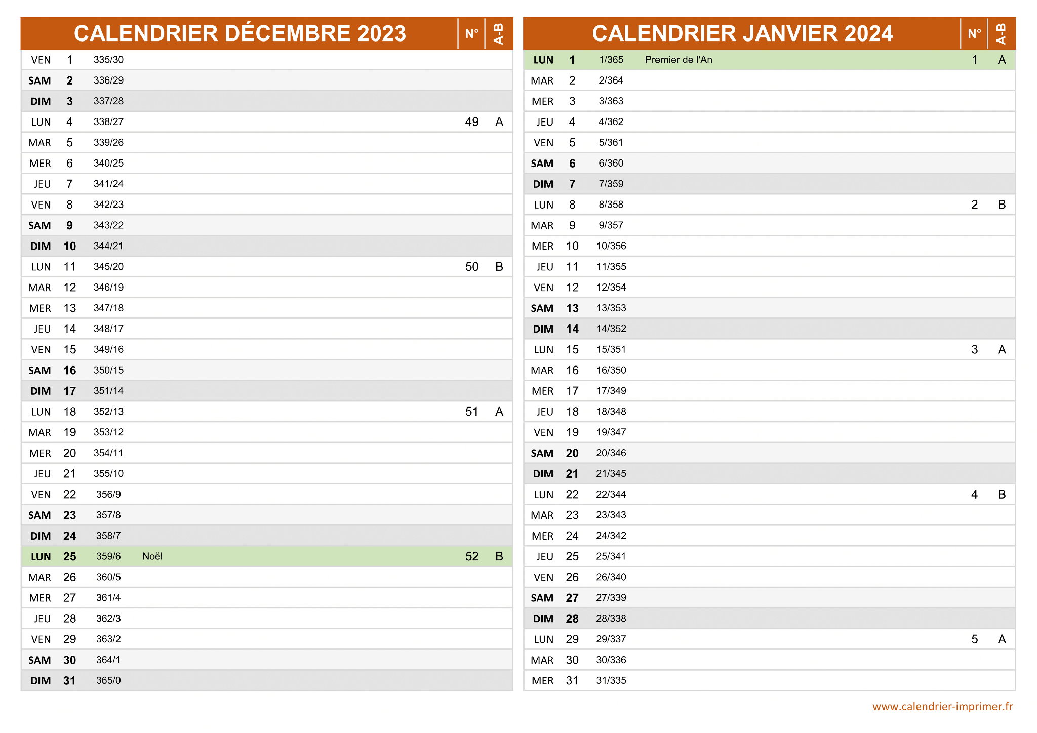 Calendrier Décembre 2023 et Janvier 2024 à imprimer