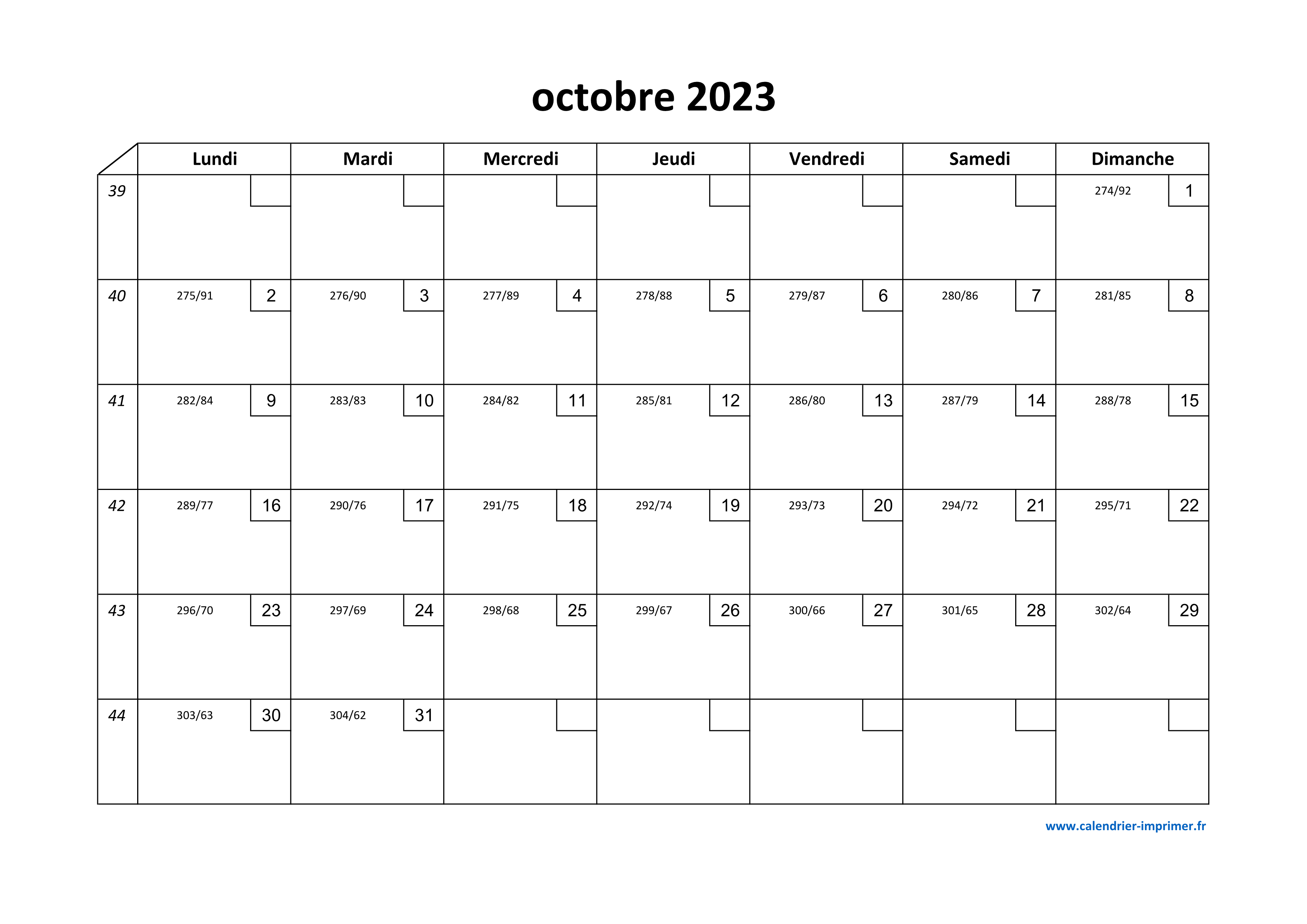 Calendrier Octobre 2023 à imprimer