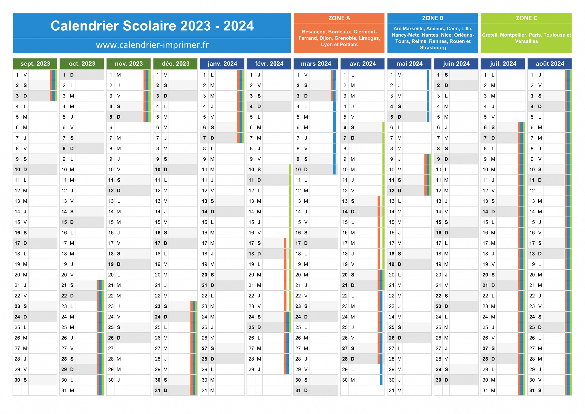 Calendrier Scolaire 2023-2024 à imprimer