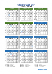 Calendrier Août 2023 à Juillet 2024 Vacances Vertical