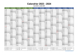 Calendrier Août 2023 à Juillet 2024 Vierge