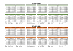 Calendrier Janvier 2023 à Décembre 2024 Horizontal Modèle 02