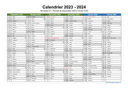 Calendrier Septembre 2023 à Août 2024 Semestre Fêtes