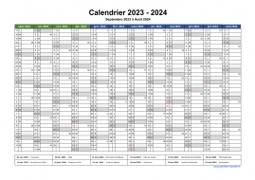 Calendrier Septembre 2023 à Août 2024 Vierge