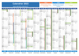 Calendrier 2023 avec vacances, jours fériés, phase de la lune et numéros de semaine