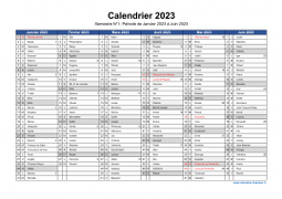 Calendrier 2023 par semestre avec fêtes