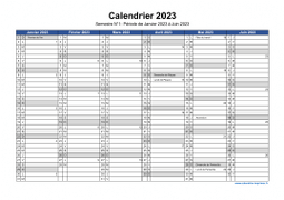 Calendrier Annuel 2023 Semestre Semaines