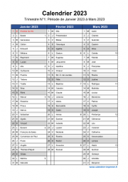 Calendrier 2023 par trimestre avec fêtes