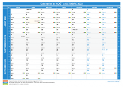 Calendrier scolaire pour Août à Octobre 2023 paysage 1