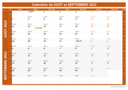 Calendrier pour les mois de Août et Septembre 2023 paysage 1