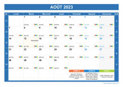 Calendrier aout 2023 paysage avec vacances, jours fériés et numéros de semaine