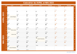 Calendrier pour les mois de Avril et Mai 2023 paysage 1