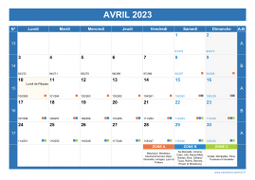 Calendrier avril 2023 paysage avec vacances, jours fériés et numéros de semaine