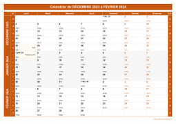 Calendrier pour les mois de Décembre 2023 à Février 2024 paysage 1