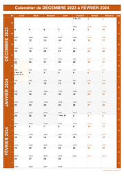 Calendrier pour les mois de Décembre 2023 à Février 2024 portrait 1
