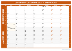 Calendrier pour les mois de Décembre 2023 et Janvier 2024 paysage 1