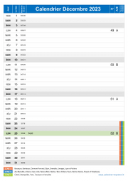 Calendrier decembre 2023 portrait avec vacances, jours fériés et numéros de semaine