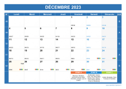 Calendrier decembre 2023 paysage avec vacances, jours fériés et numéros de semaine