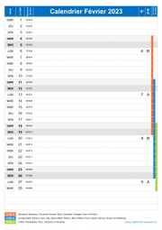 Calendrier fevrier 2023 portrait avec vacances, jours fériés et numéros de semaine