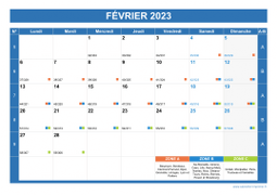 Calendrier fevrier 2023 paysage avec vacances, jours fériés et numéros de semaine