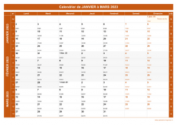 Calendrier pour les mois de Janvier à Mars 2023 paysage 1