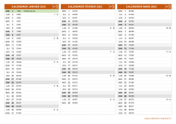 Calendrier pour les mois de Janvier à Mars 2023 paysage 2