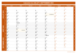Calendrier pour les mois de Juillet à Septembre 2023 paysage 1