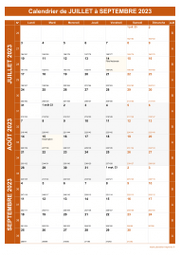 Calendrier pour les mois de Juillet à Septembre 2023 portrait 1