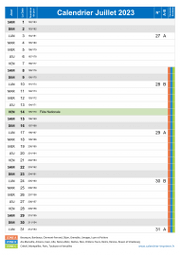 Calendrier juillet 2023 portrait avec vacances, jours fériés et numéros de semaine