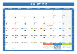 Calendrier juillet 2023 paysage avec vacances, jours fériés et numéros de semaine